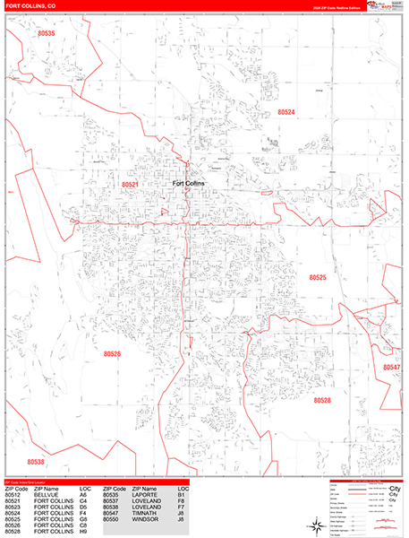 Fort Collins City Wall Map Red Line Style